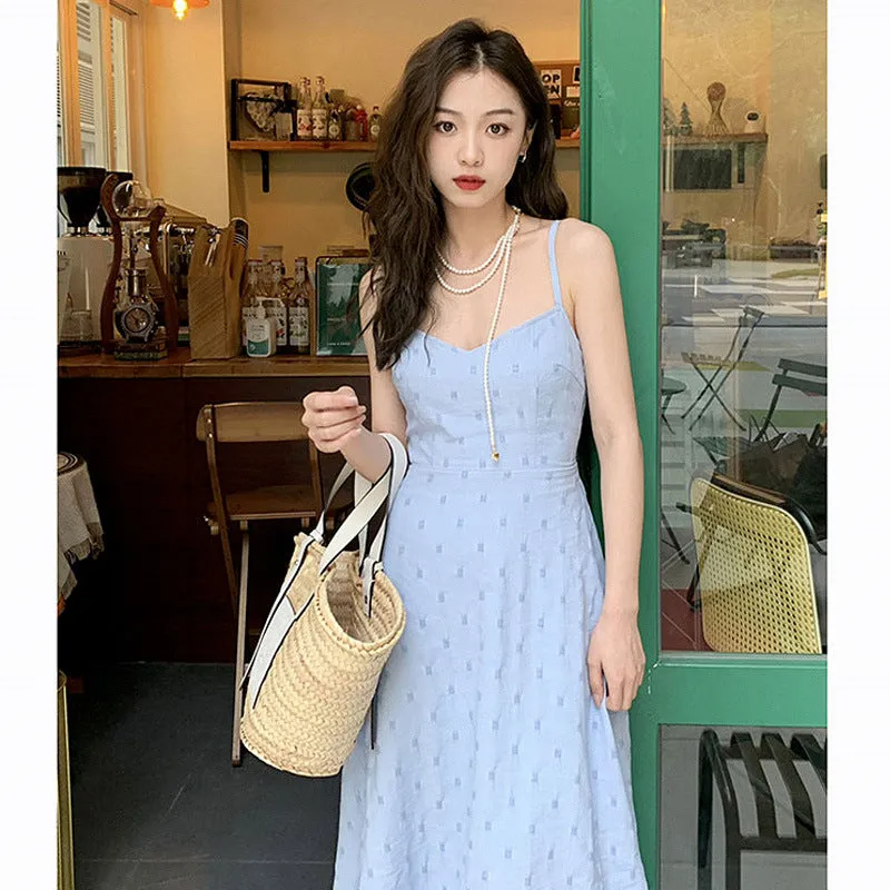 IKEARLAX Style Blue Sling Dress Women's Summer  New Seaside Holiday Fitted Waist Backless Dress