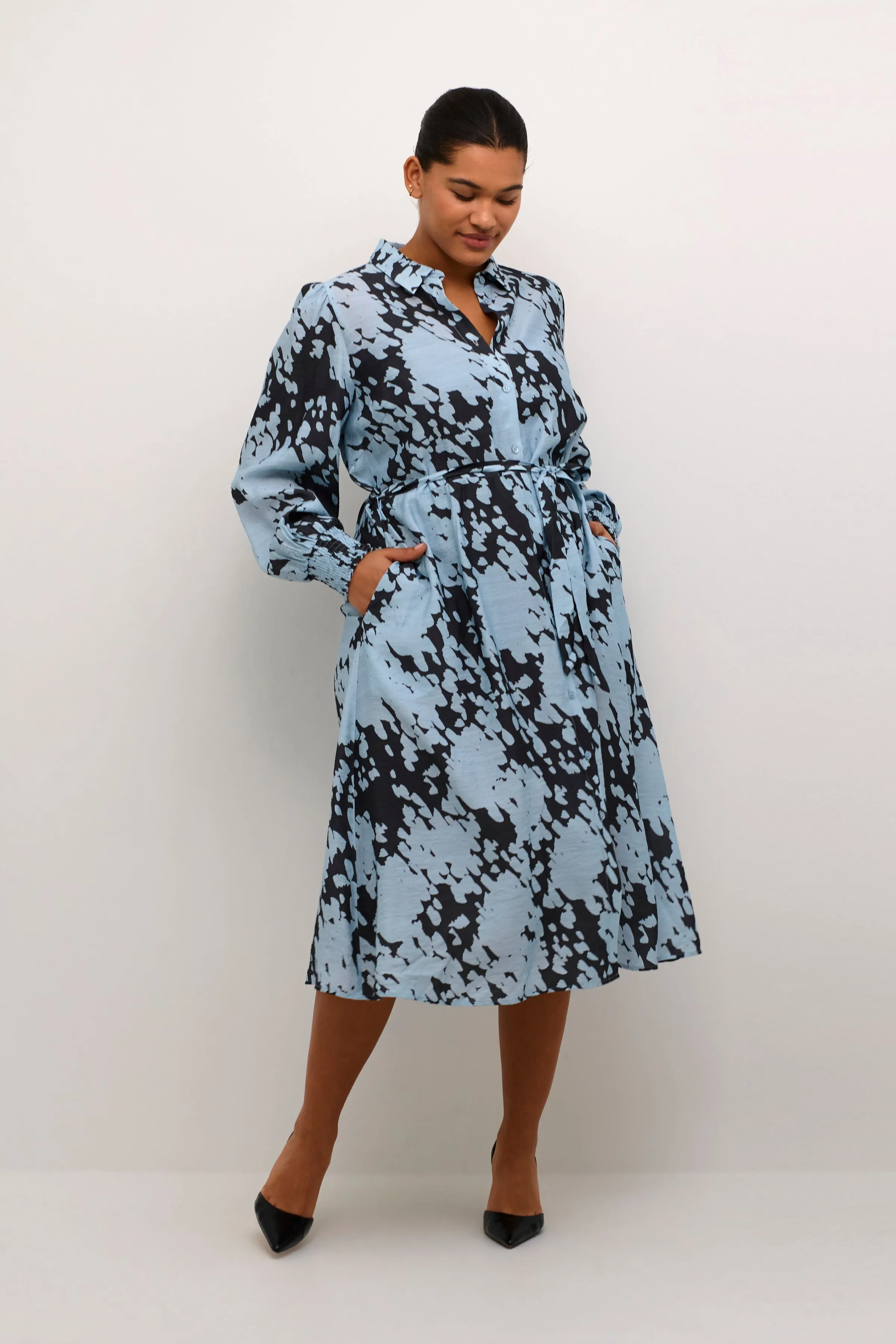 Kaffe Curve Luma Shirt Dress in Blue/Grey