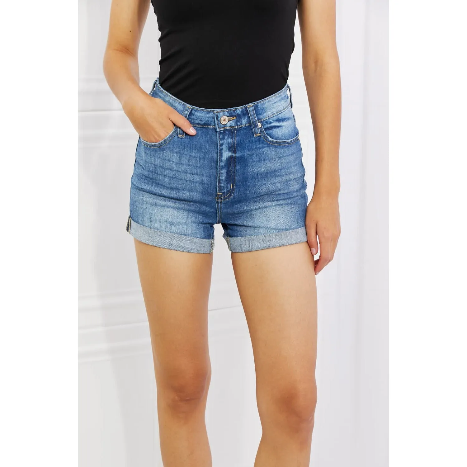 Kancan Full Size High Rise Medium Stone Wash Denim Shorts