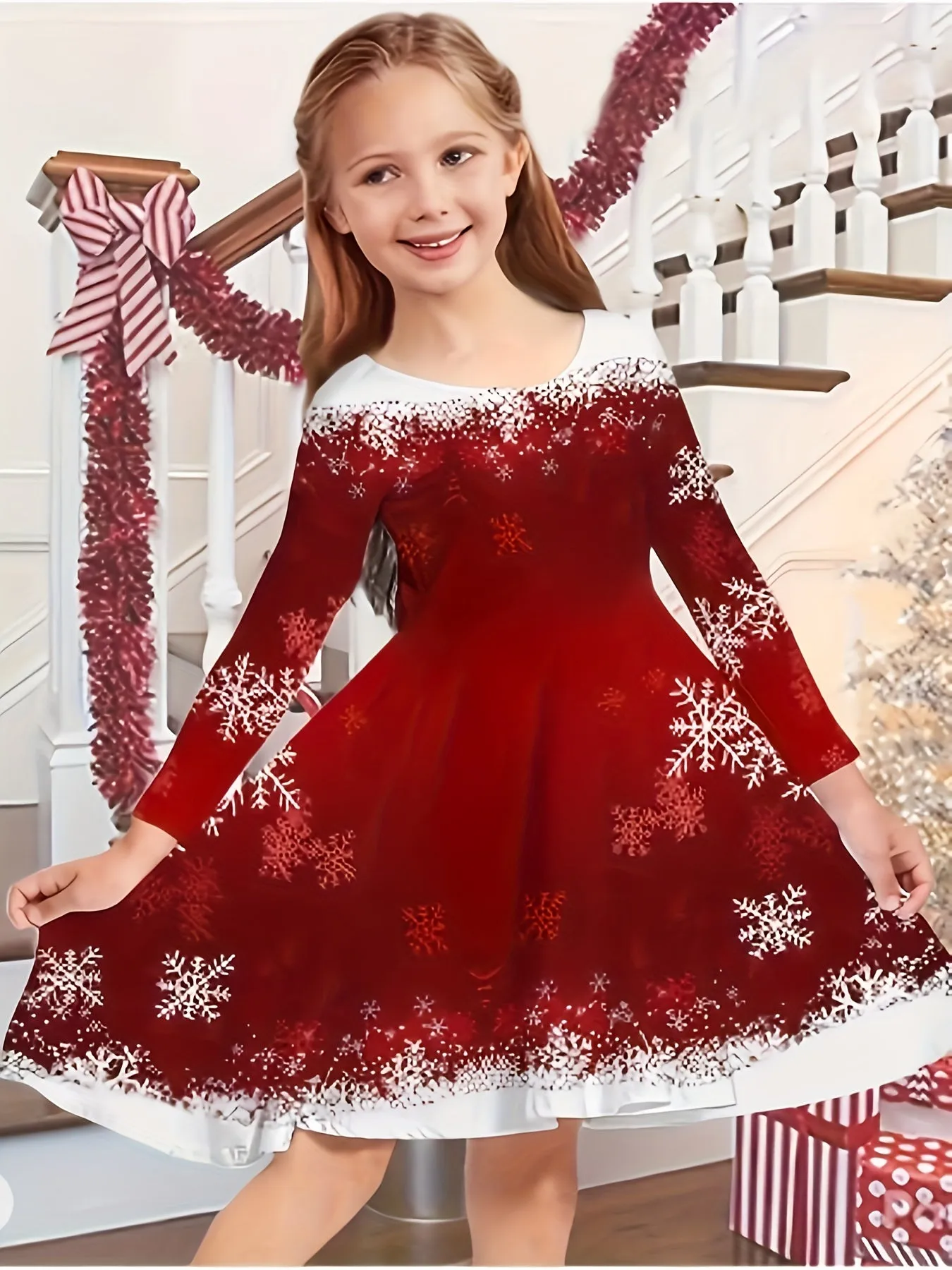 Kids' Christmas Themed Casual Dresses - Polyester Applique Tunic with Long Sleeves, Knee High, Slight Stretch Knit Fabric for Spring/Fall Season - Festive Holiday Dress with Christmas Tree and Snowflake Patterns for Children Aged 12 and Under