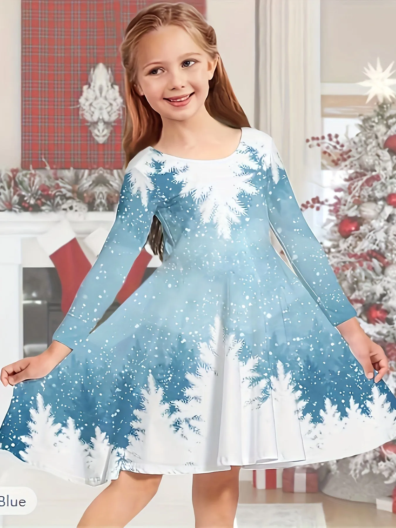 Kids' Christmas Themed Casual Dresses - Polyester Applique Tunic with Long Sleeves, Knee High, Slight Stretch Knit Fabric for Spring/Fall Season - Festive Holiday Dress with Christmas Tree and Snowflake Patterns for Children Aged 12 and Under