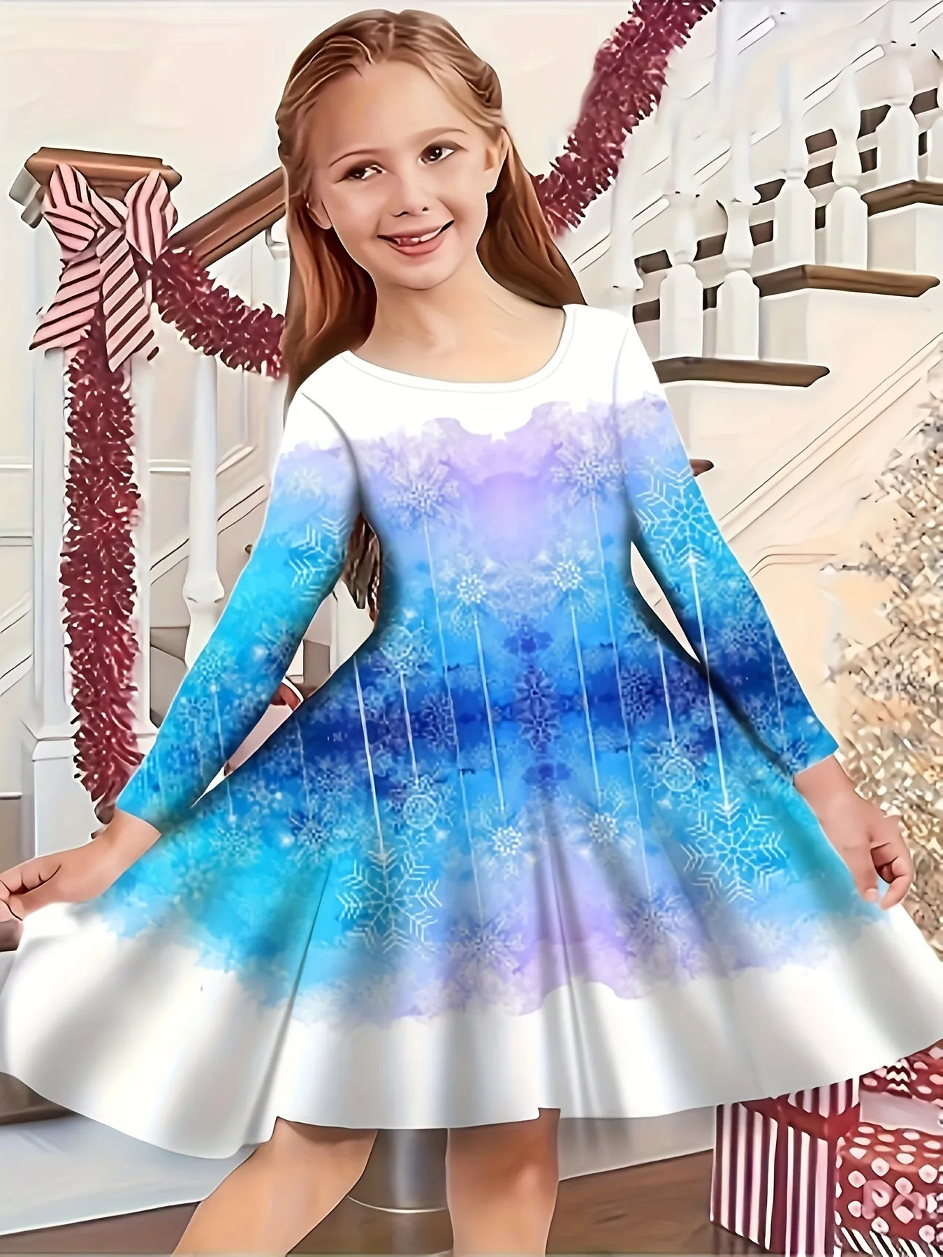 Kids' Christmas Themed Casual Dresses - Polyester Applique Tunic with Long Sleeves, Knee High, Slight Stretch Knit Fabric for Spring/Fall Season - Festive Holiday Dress with Christmas Tree and Snowflake Patterns for Children Aged 12 and Under