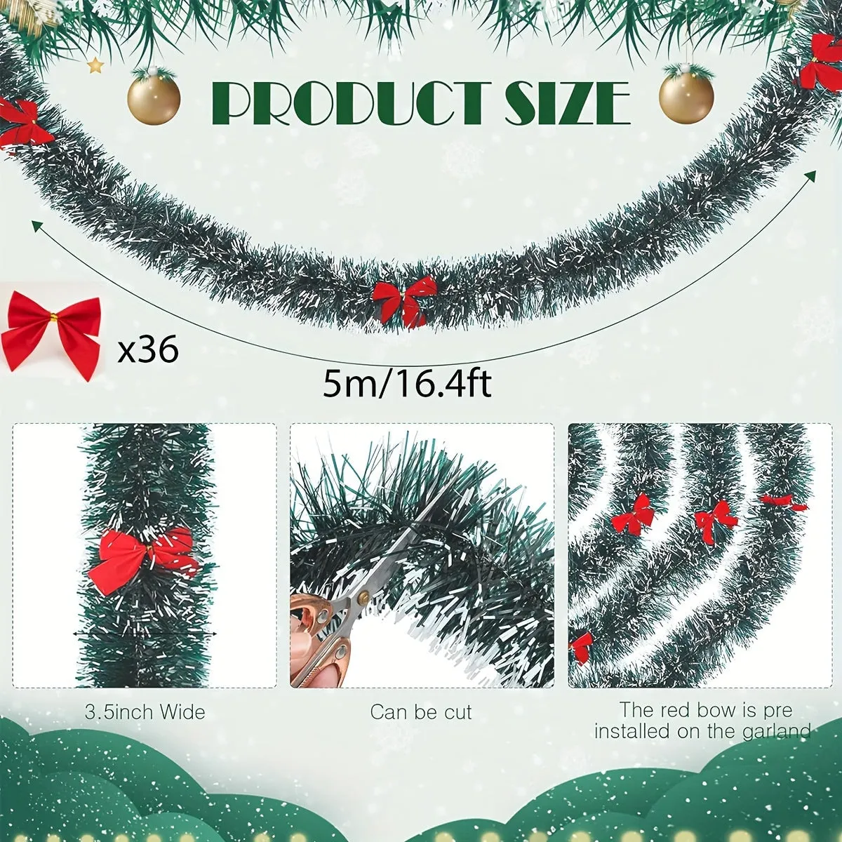 kkboxly 16.4ft Festive Christmas Garland with Red Bow Ties - Dark Green Aluminum Foil Wire, Perfect for Tree Decoration & Holiday Decor, Indoor/Outdoor Use