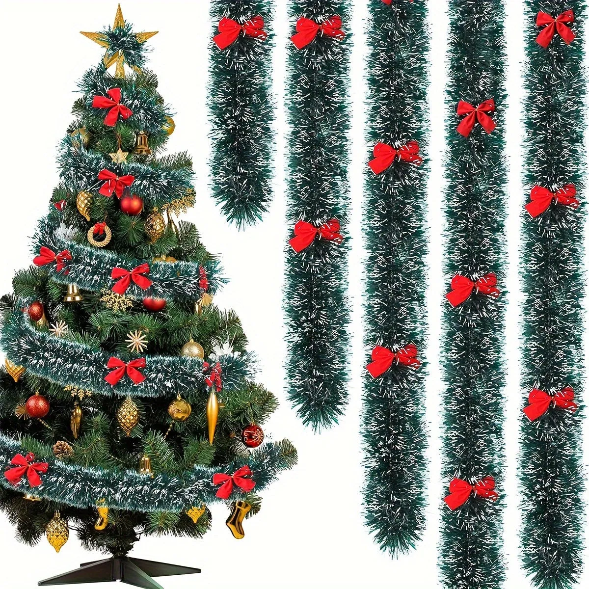 kkboxly 16.4ft Festive Christmas Garland with Red Bow Ties - Dark Green Aluminum Foil Wire, Perfect for Tree Decoration & Holiday Decor, Indoor/Outdoor Use