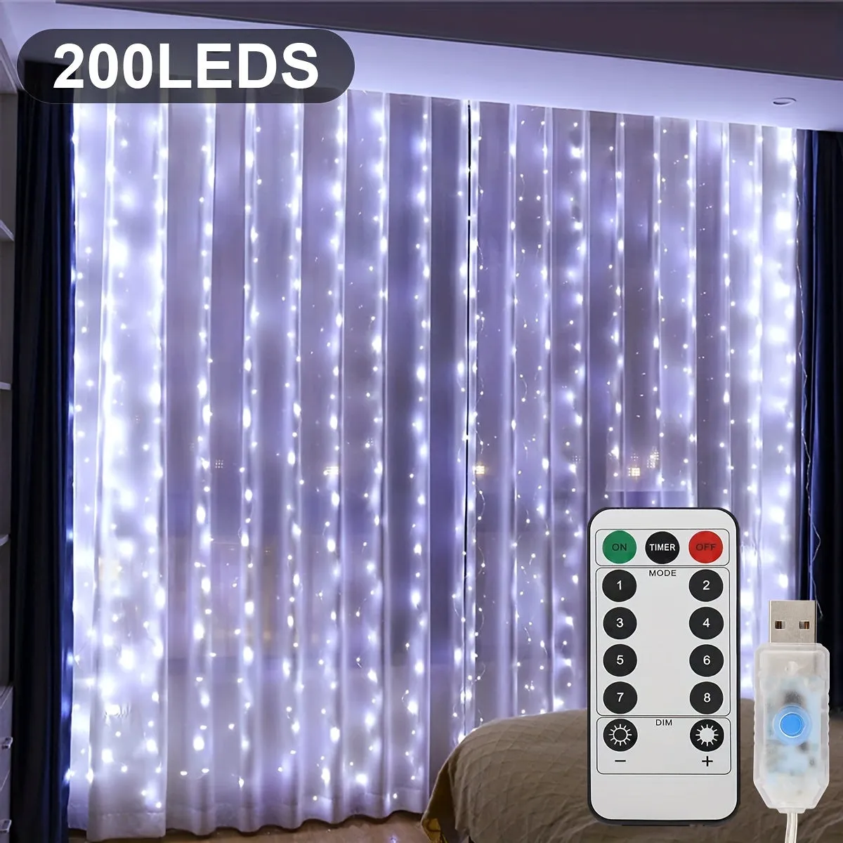 kkboxly 1pc 300/200/100 LED Curtain String Lights - Fairy Lights with Remote Control, 8 Modes, USB Plug in, Copper Wire, 298.7×298.7/201/100 Cm, for Bedroom Window, Christmas, Wedding, Party Decor