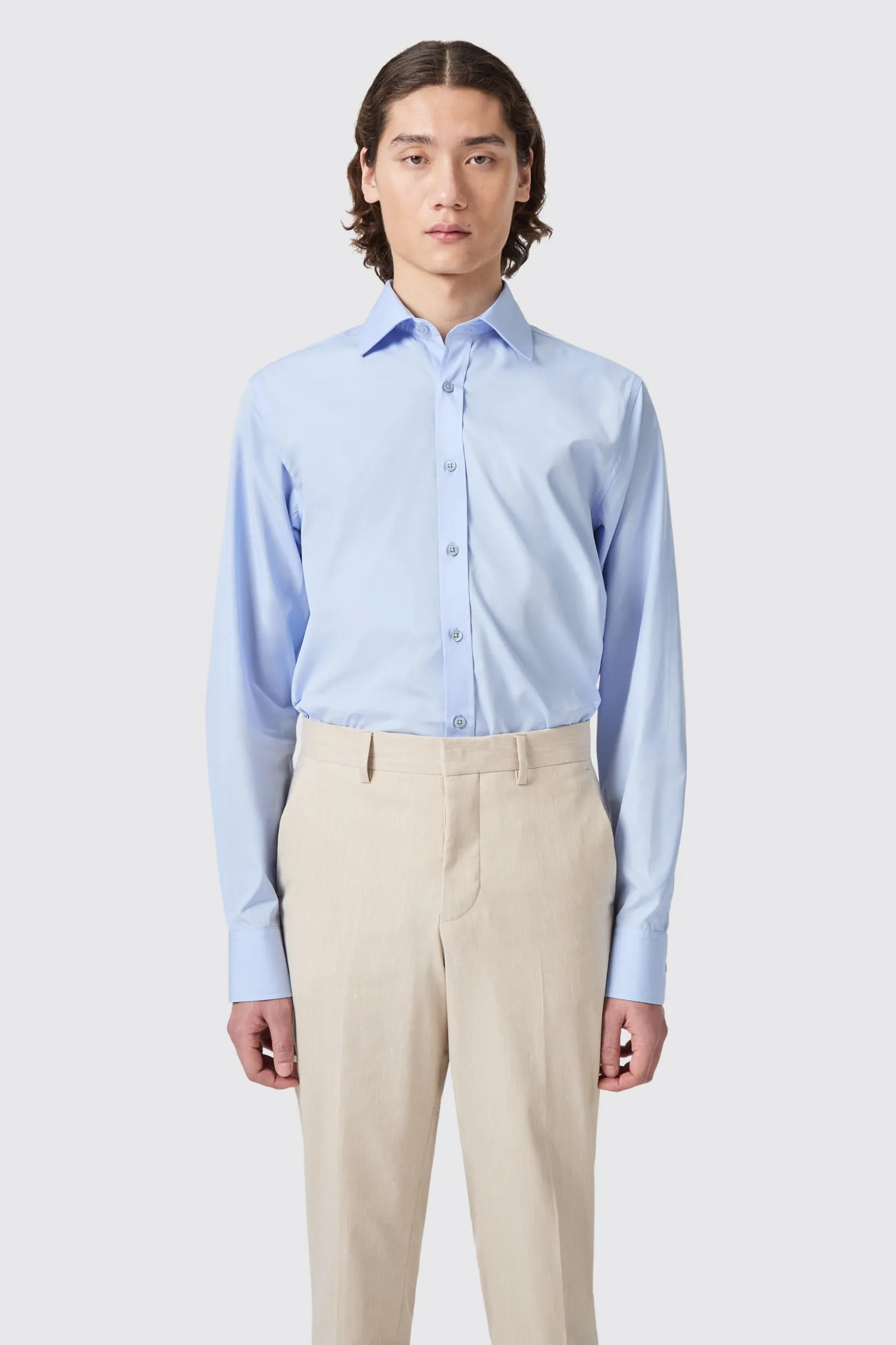 Lewes Slim Fit Spread Collar Blue Cotton Shirt