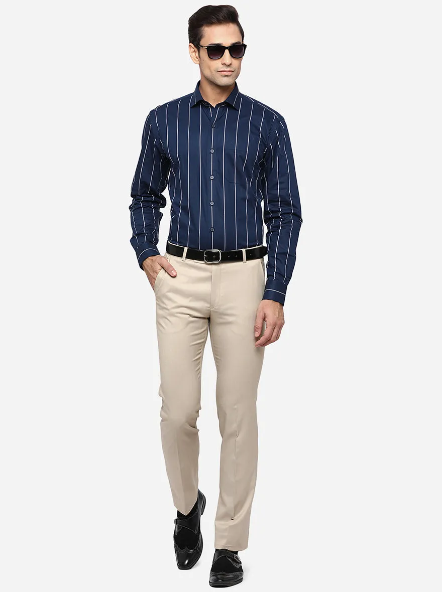 Navy Blue & White Striped Regular Fit Formal Shirt | JadeBlue