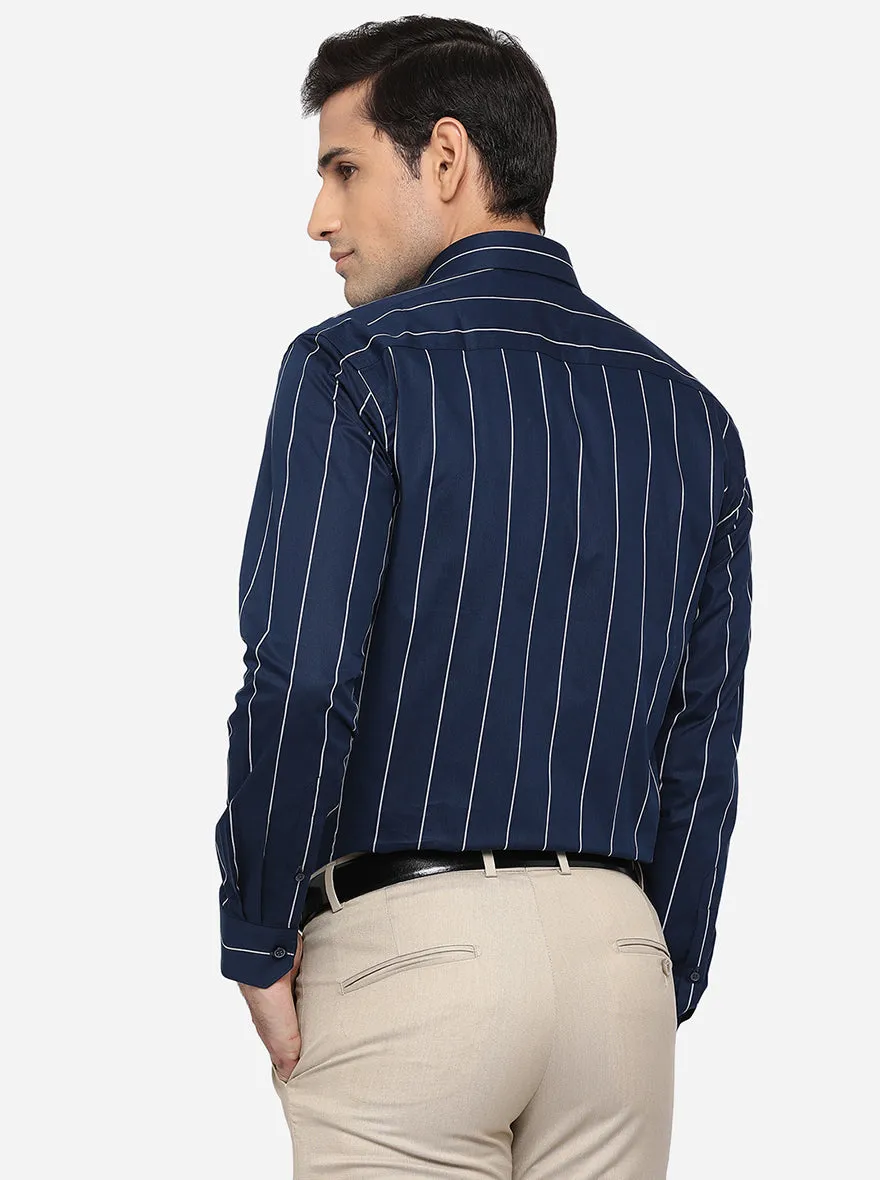 Navy Blue & White Striped Regular Fit Formal Shirt | JadeBlue