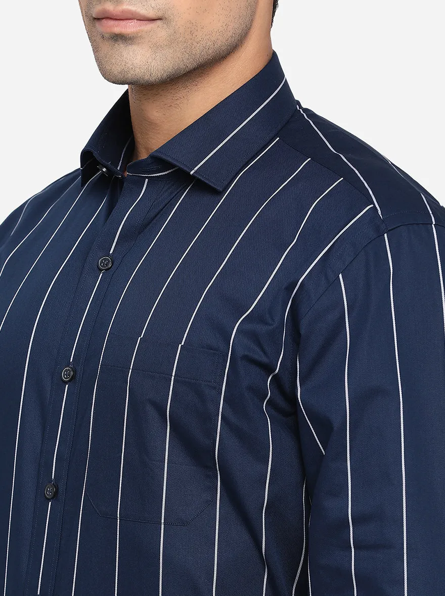 Navy Blue & White Striped Regular Fit Formal Shirt | JadeBlue