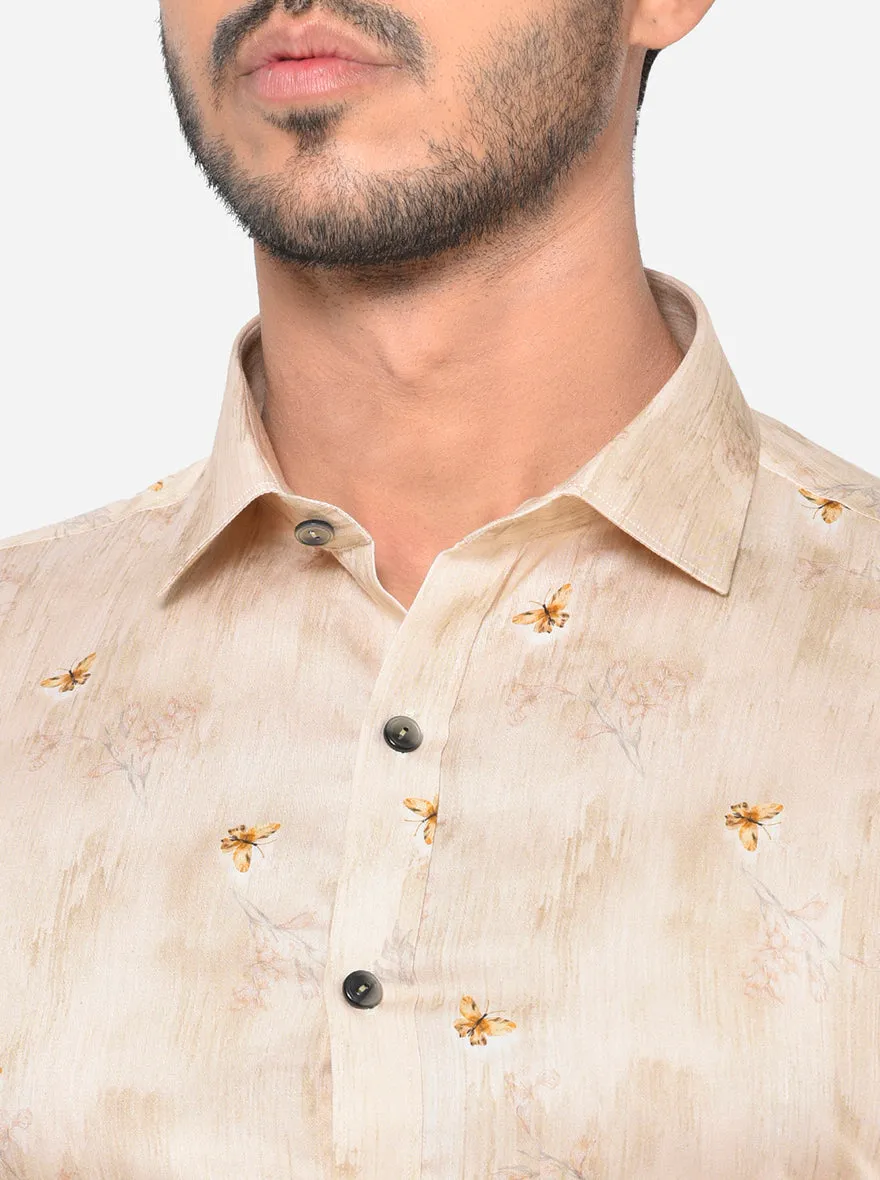 Nude Beige Printed Slim Fit Party Wear Shirt | Wyre