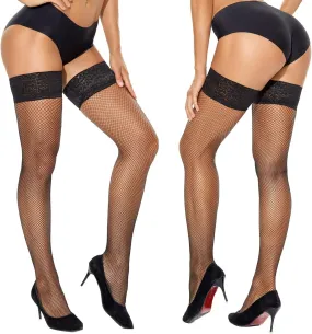 "Chic 2-Pack Fishnet Thigh High Stockings with Silicone Lace Top - Stay-Up Sheer Nylon Hosiery in Classic Black for Effortless Elegance!"