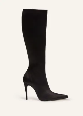 Tall satin pointed boots in black