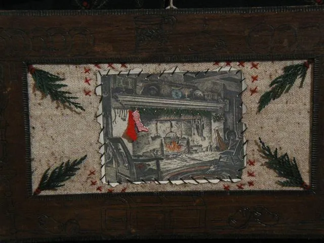 Unique Old Pennsylvania Dutch Frame Pyrogaphy with Fireplace Scene