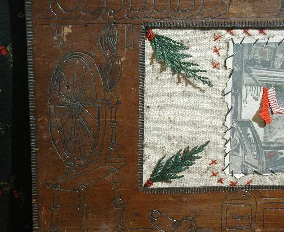 Unique Old Pennsylvania Dutch Frame Pyrogaphy with Fireplace Scene