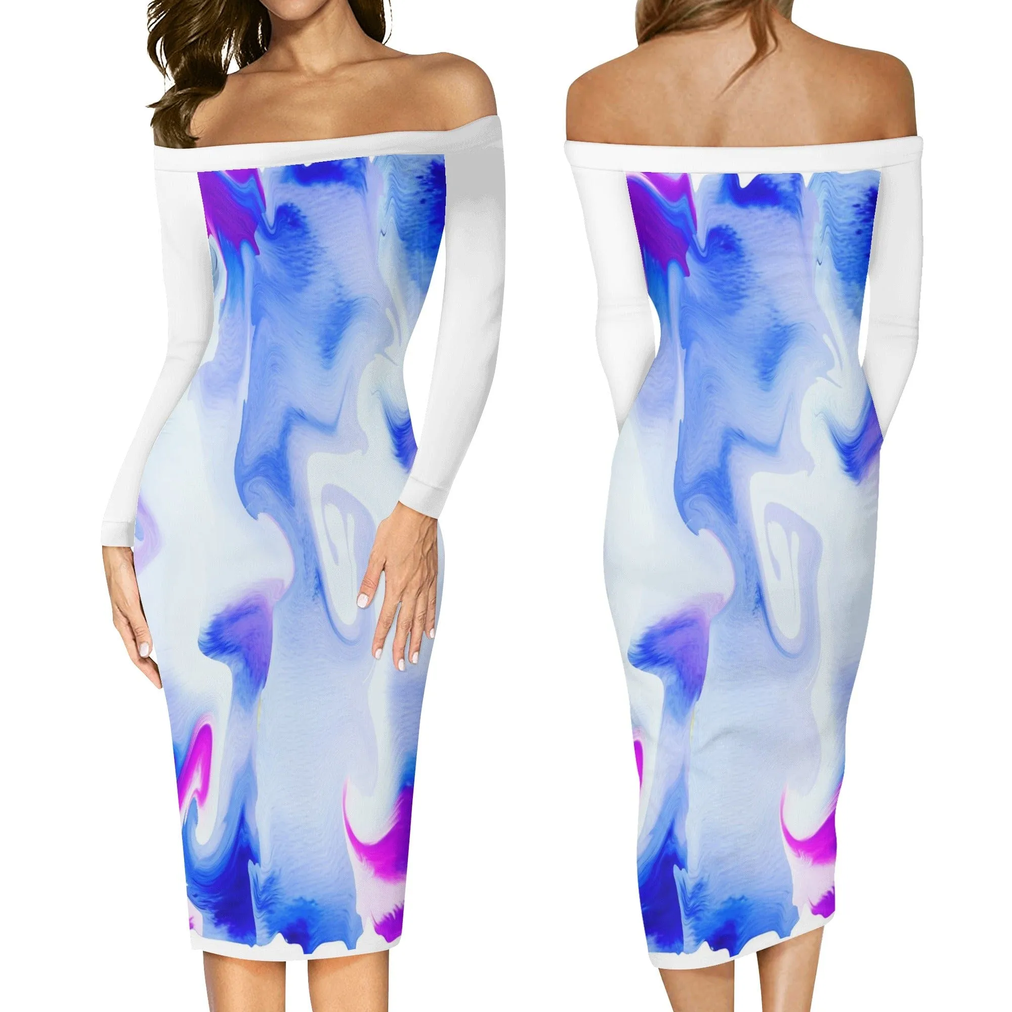 Water Color Women's Long Sleeve Off The Shoulder Dress