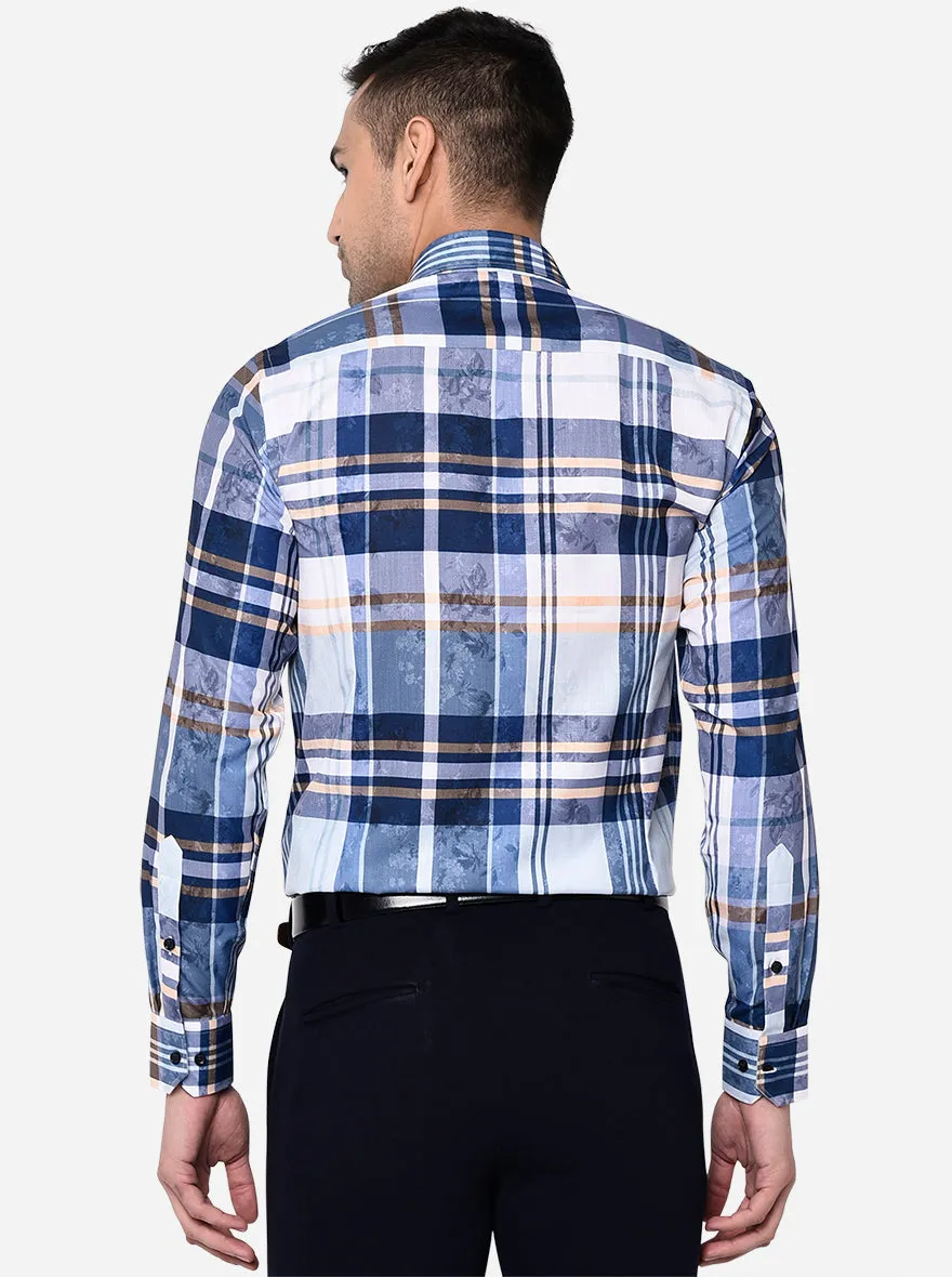 White & Blue Checked Slim Fit Party Wear Shirt | Greenfibre