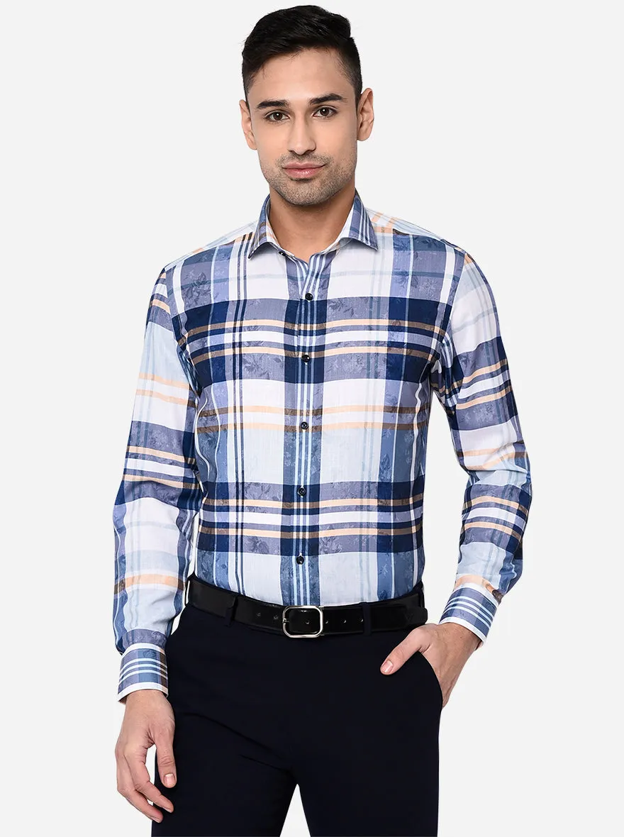 White & Blue Checked Slim Fit Party Wear Shirt | Greenfibre