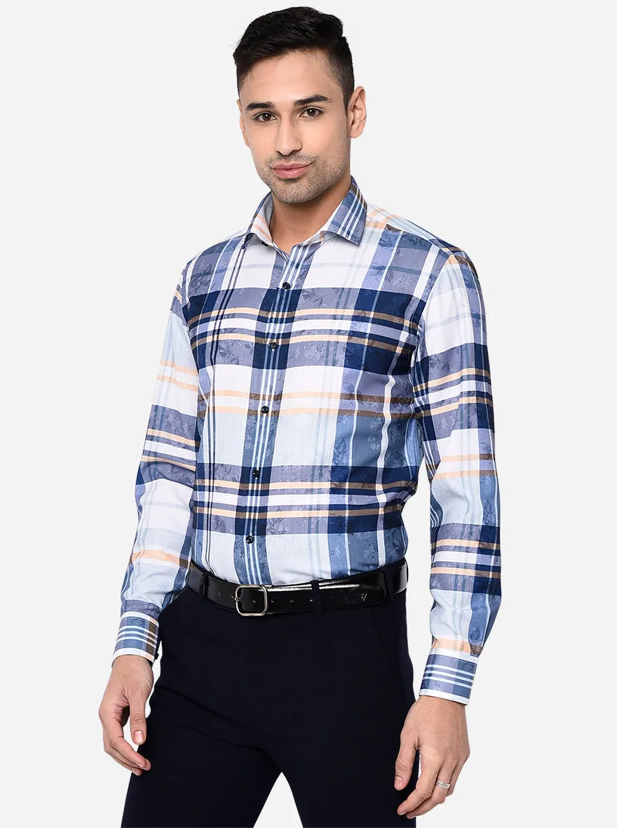 White & Blue Checked Slim Fit Party Wear Shirt | Greenfibre