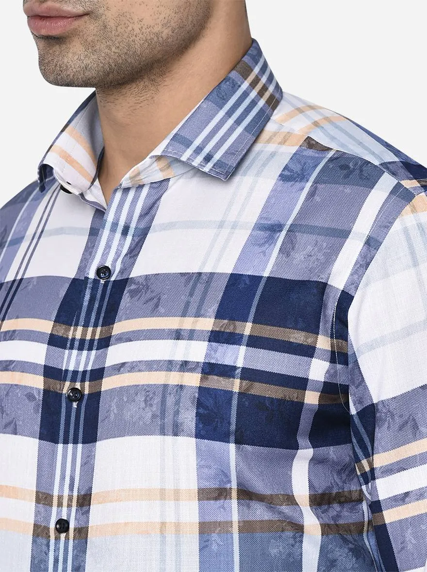 White & Blue Checked Slim Fit Party Wear Shirt | Greenfibre