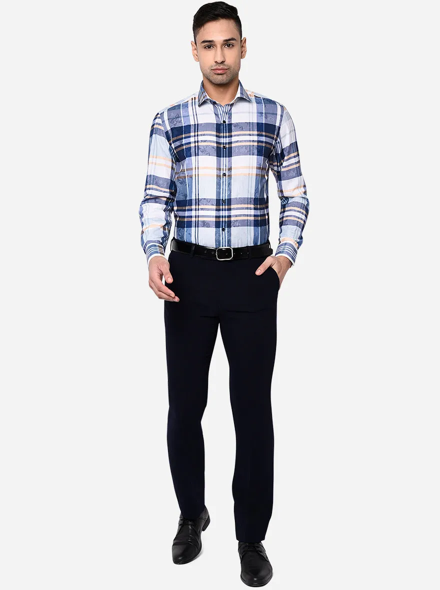 White & Blue Checked Slim Fit Party Wear Shirt | Greenfibre